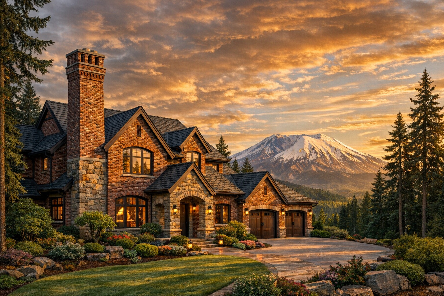 Luxury brick and stone home with chimney against Mt. St. Helens sunset