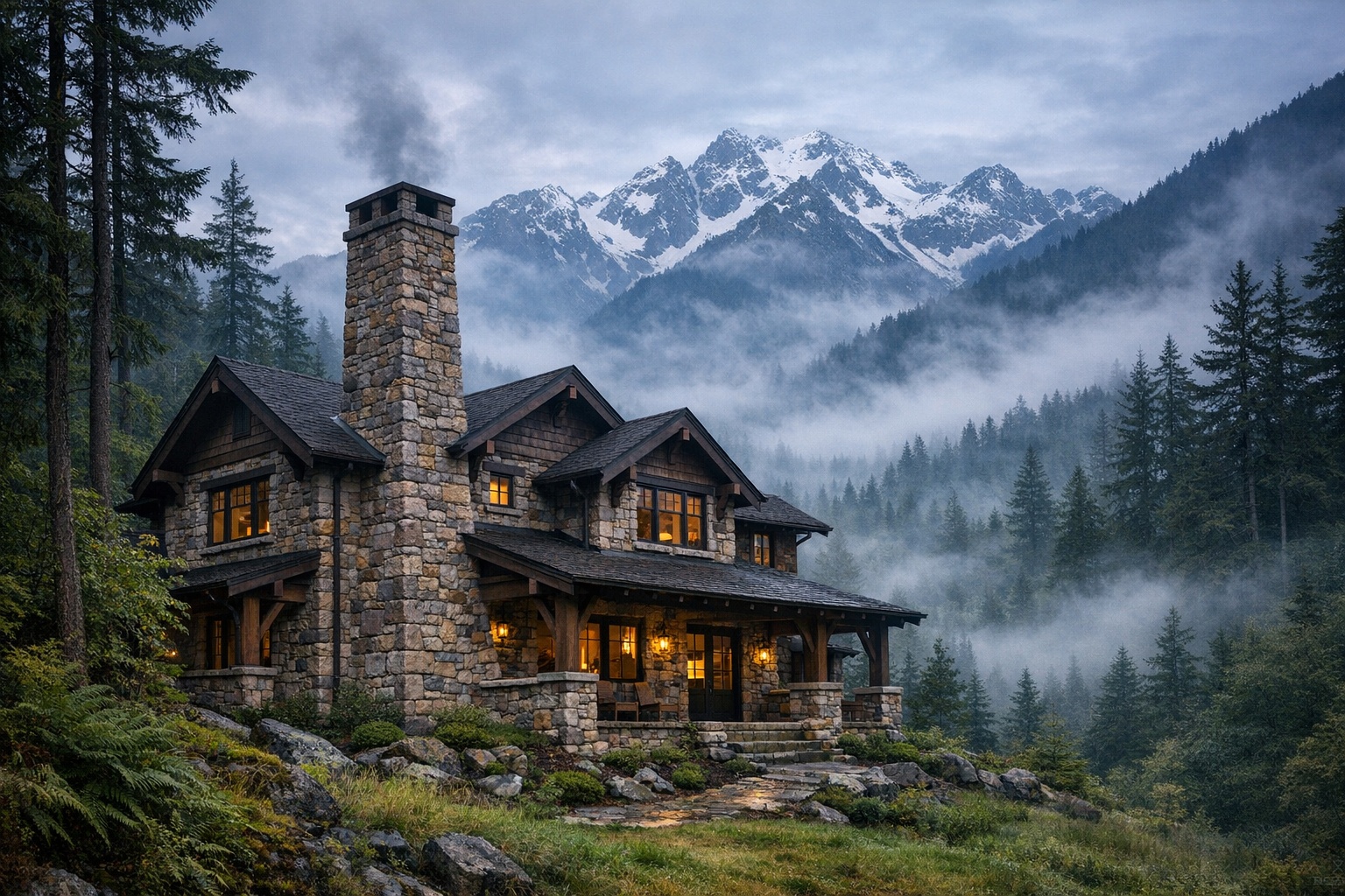 Craftsman stone lodge with chimney in Pacific Northwest forest
