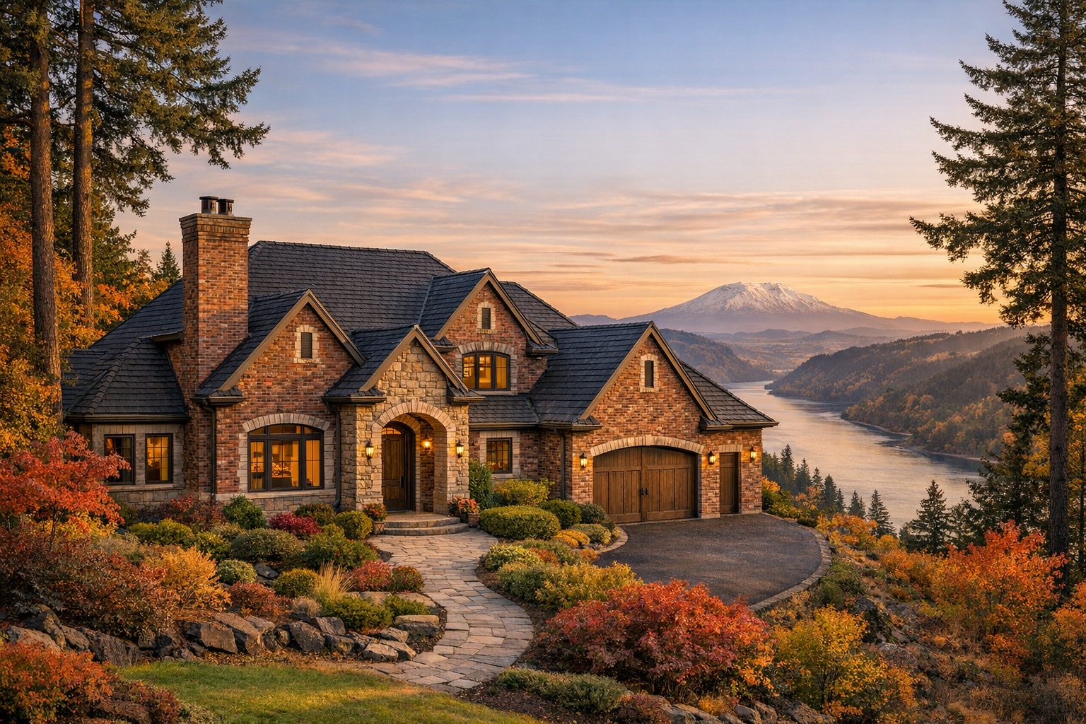 Elegant brick home with chimney overlooking Washington mountains