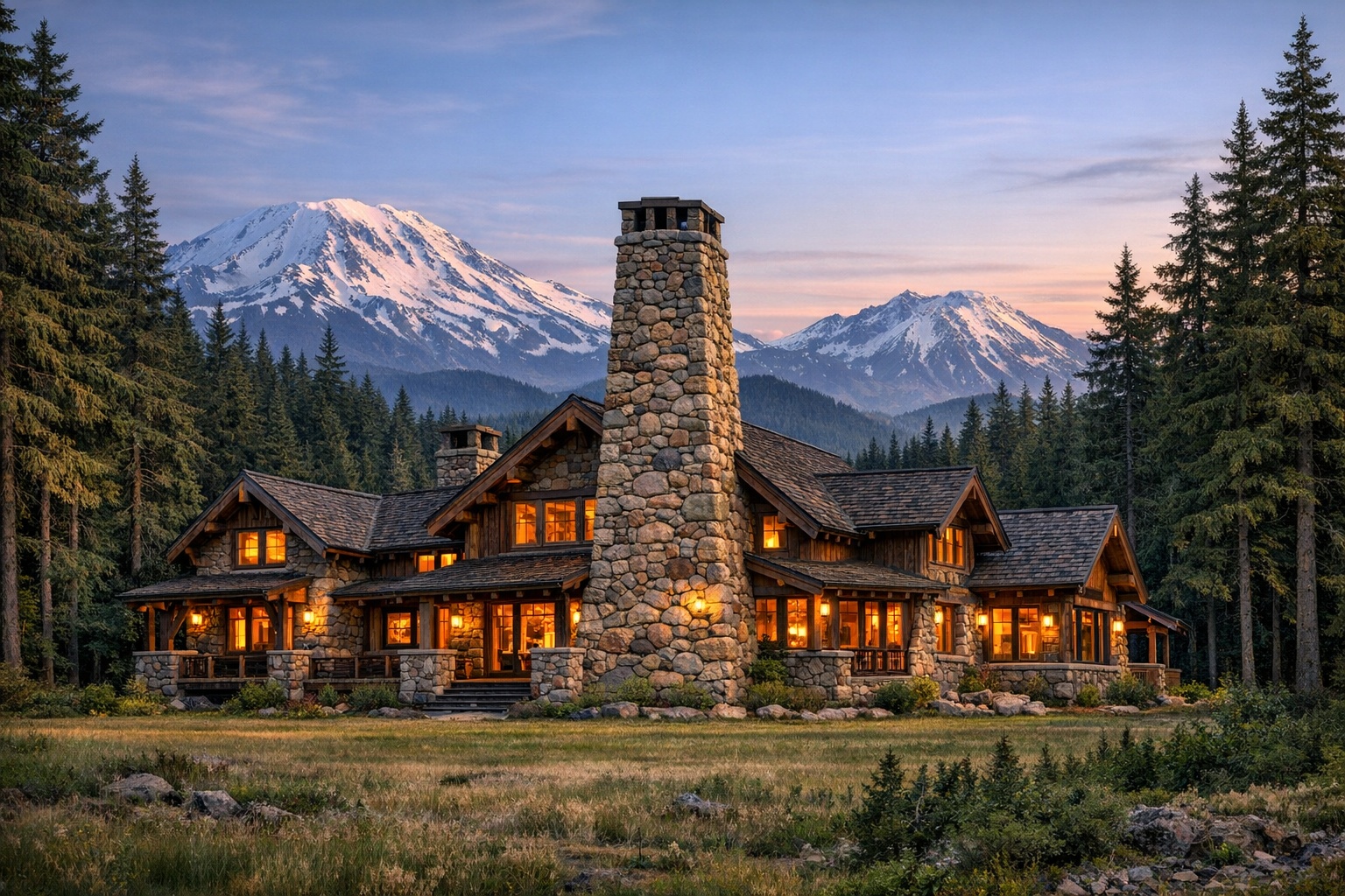 Stone and timber lodge with massive chimney in Cascade mountains