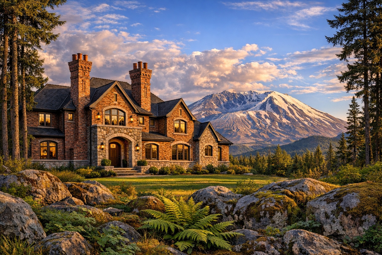 Brick and stone home with twin chimneys near Mt. St. Helens
